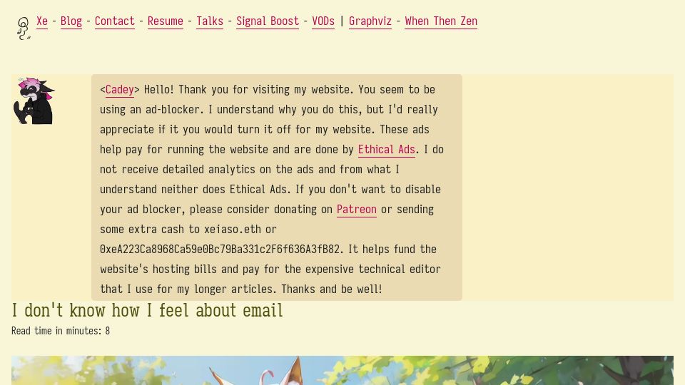 Screenshot of xeiaso.net: I don't know how I feel about email