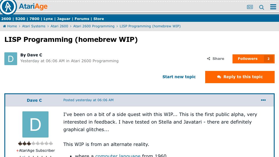 Screenshot of forums.atariage.com: Lisp Programming on an Atari 2600