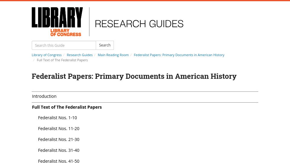 Screenshot of guides.loc.gov: Full Text of the Federalist Papers