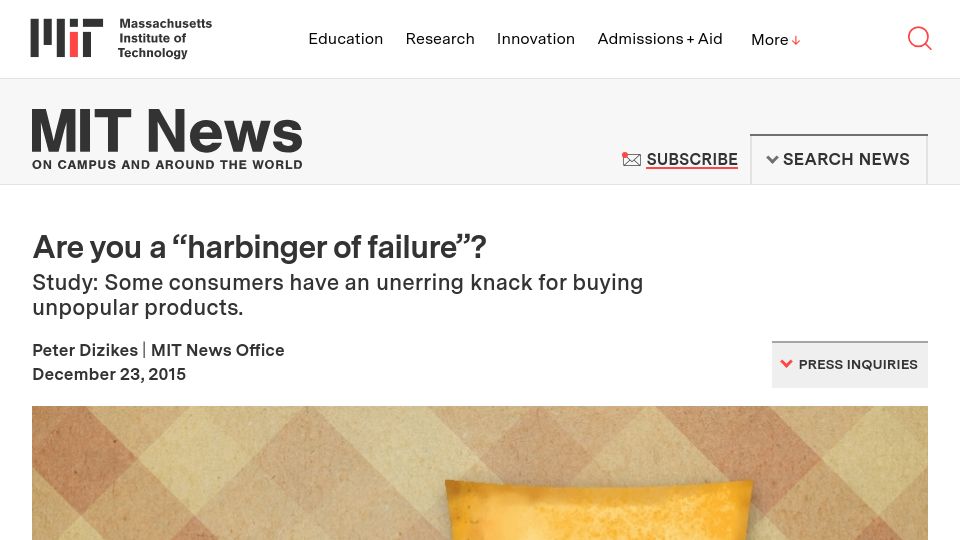 Screenshot of news.mit.edu: Are you a “harbinger of failure”? (2015)