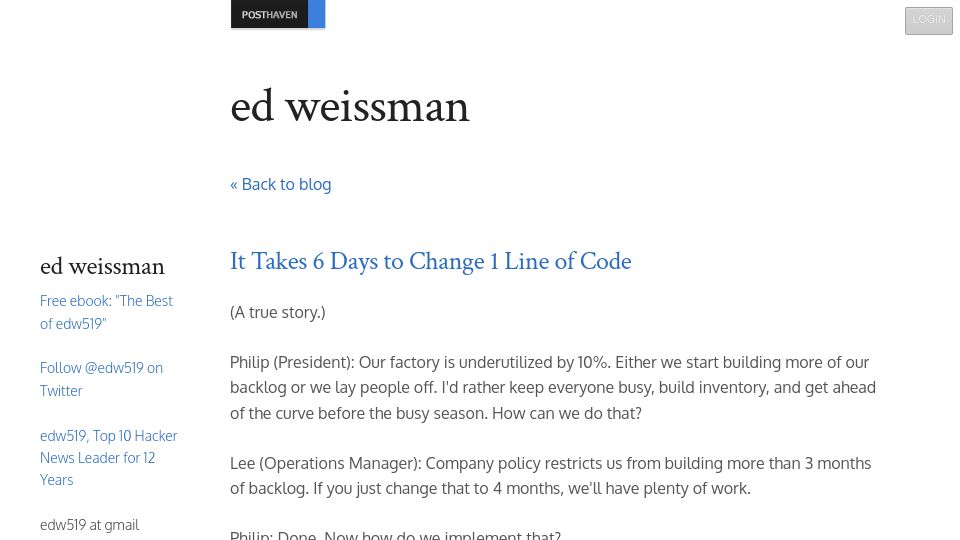 Screenshot of edw519.posthaven.com: 6 days to change 1 line of code (2015)