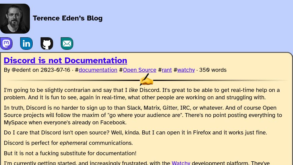 Screenshot of shkspr.mobi: Discord is not documentation