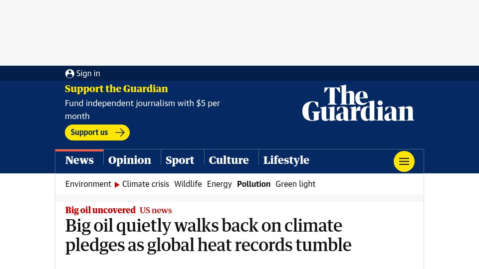Screenshot of theguardian.com: Big Oil quietly walks back on climate pledges