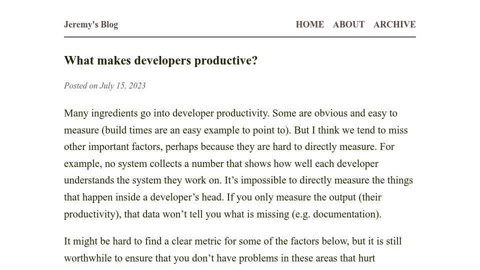 Screenshot of jeremymikkola.com: What makes developers productive?