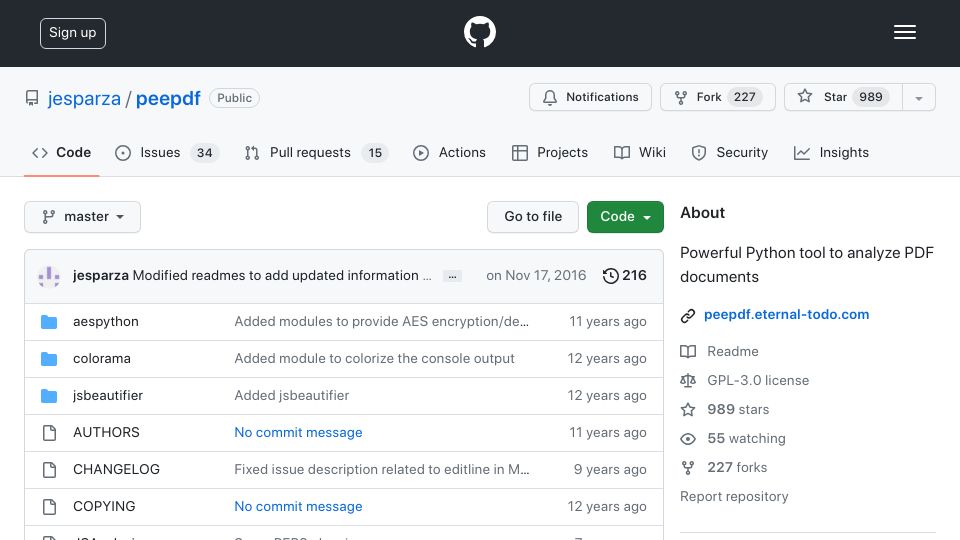 Screenshot of github.com: Peepdf – Powerful Python tool to analyze PDF documents