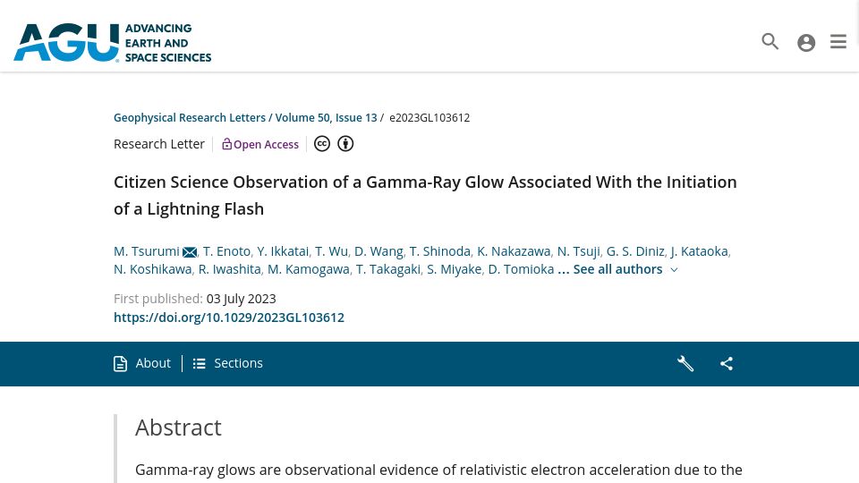 Screenshot of agupubs.onlinelibrary.wiley.com: Citizen scientists observe gamma ray glow associated with lightning flash