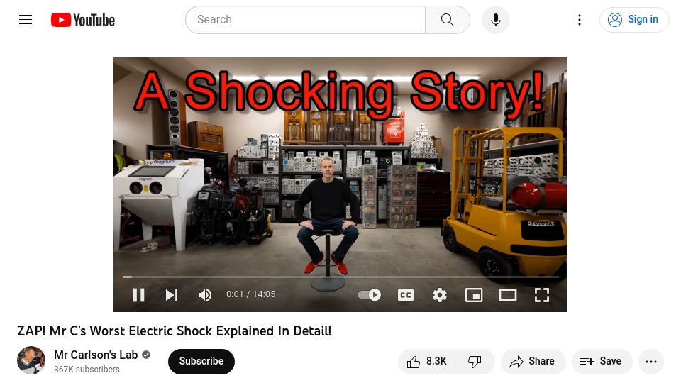 Screenshot of youtube.com: Mr C's worst electric shock [video]