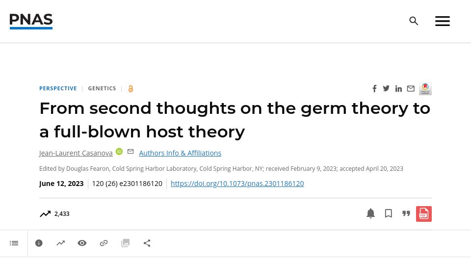 Screenshot of pnas.org: From second thoughts on the germ theory to a full-blown host theory