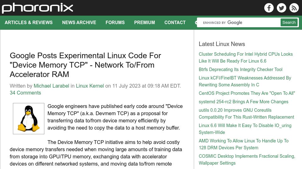 Screenshot of phoronix.com: Linux Code for “Device Memory TCP” – Network to/from Accelerator RAM