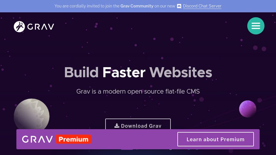 Screenshot of getgrav.org: Grav is a modern open-source flat-file CMS