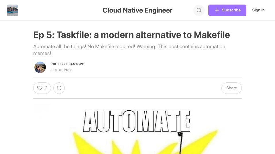 Screenshot of cloudnativeengineer.substack.com: Taskfile: A Modern Alternative to Makefile