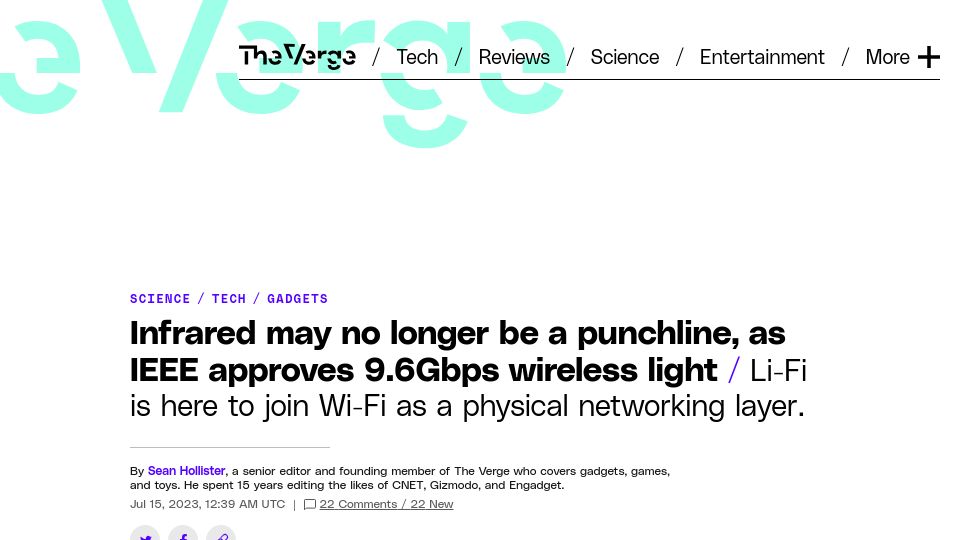 Screenshot of theverge.com: Infrared may no longer be a punchline, as IEEE approves 9.6Gbps wireless light