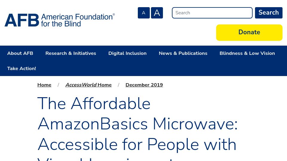 Screenshot of afb.org: AmazonBasics Microwave: Accessible for People with Visual Impairments (2019)