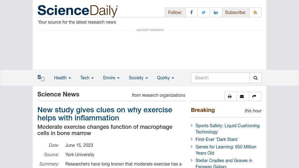 Screenshot of sciencedaily.com: New study gives clues on why exercise helps with inflammation