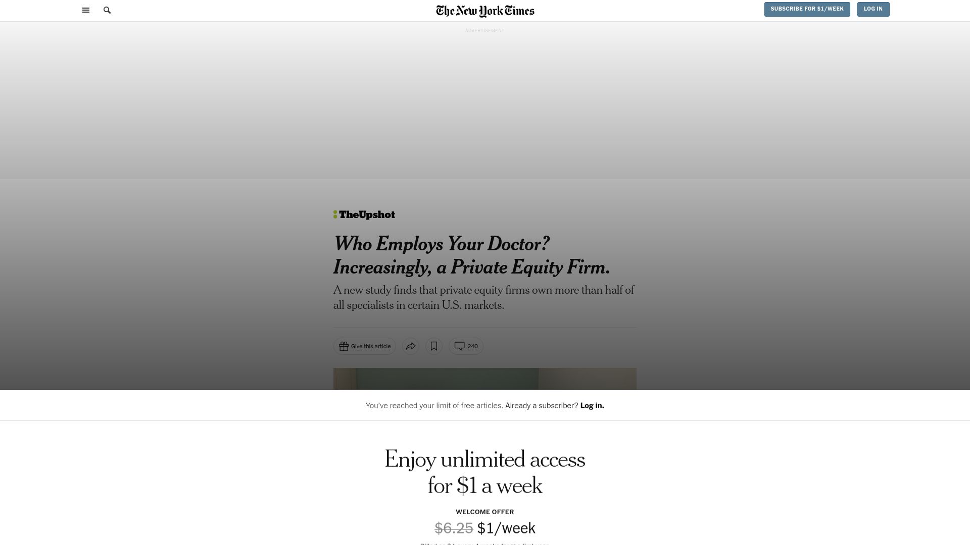 Screenshot of nytimes.com: Who employs your doctor? Increasingly, a private equity firm