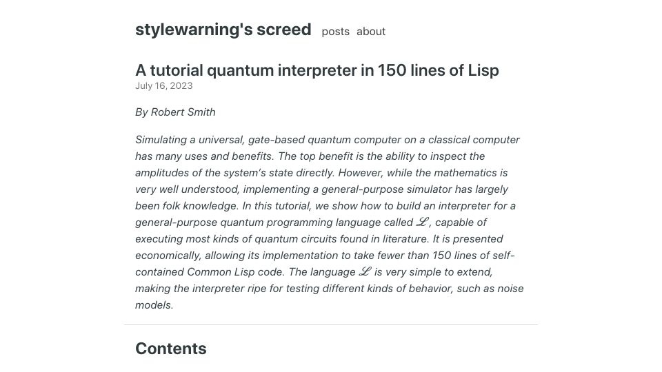 Screenshot of stylewarning.com: A tutorial quantum interpreter in 150 lines of Lisp