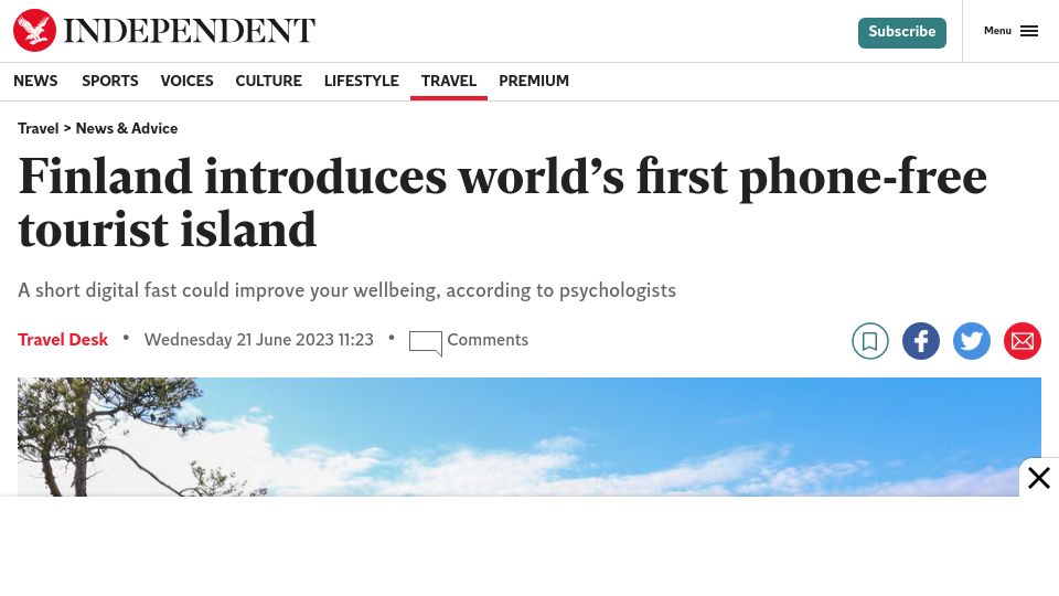 Screenshot of independent.co.uk: Finland introduces the world’s first phone-free tourist island