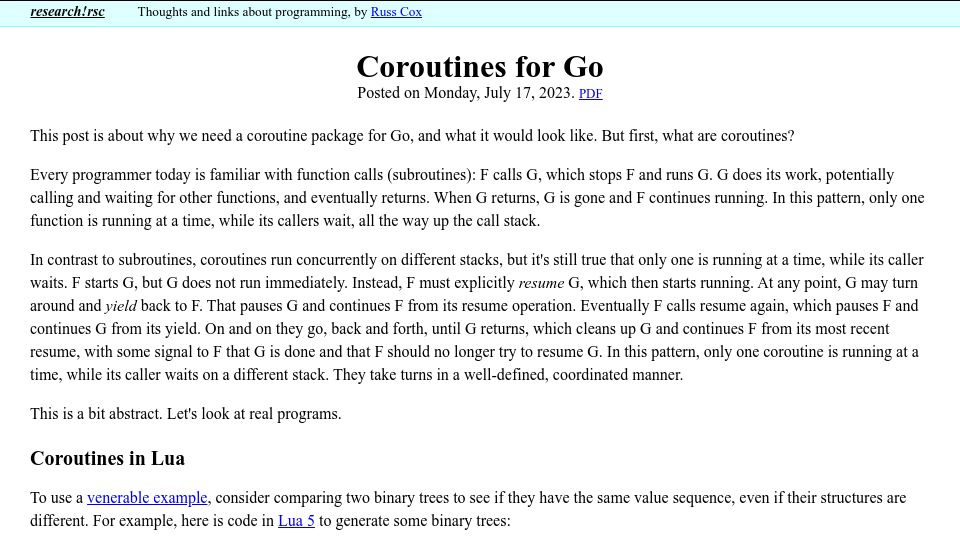 Screenshot of research.swtch.com: Coroutines for Go