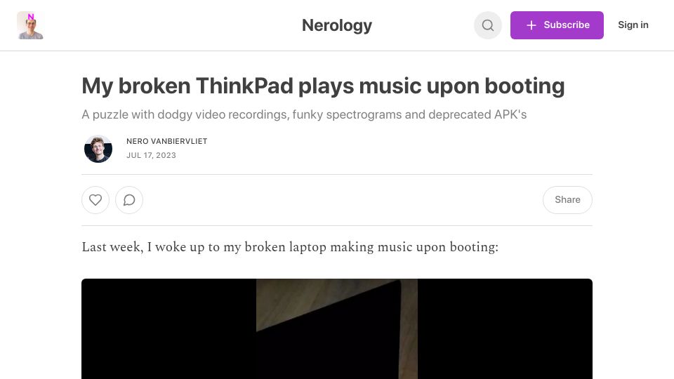 Screenshot of nerology.substack.com: My broken ThinkPad plays music upon booting
