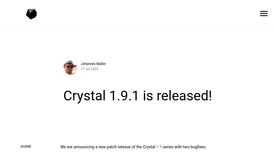Screenshot of crystal-lang.org: Crystal 1.9.1