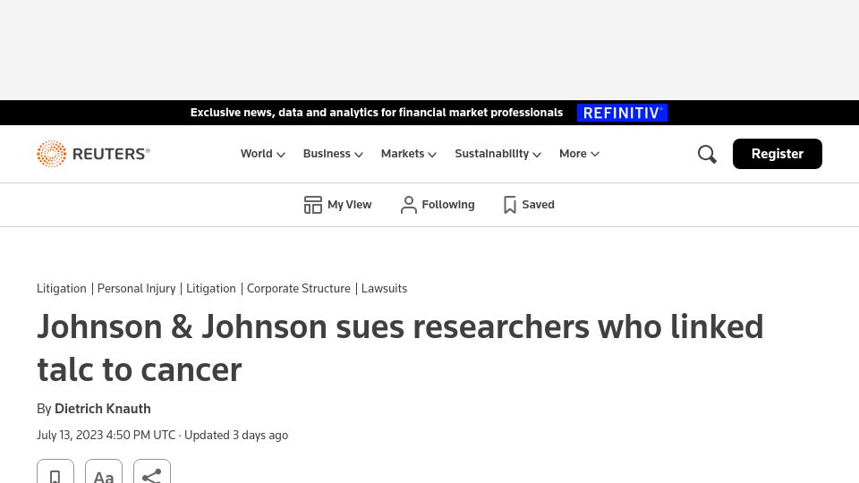 Screenshot of reuters.com: Johnson and Johnson sues researchers who linked talc to cancer
