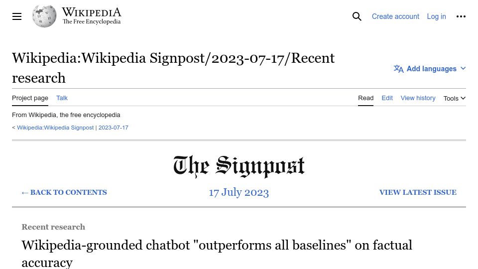 Screenshot of en.wikipedia.org: Wikipedia-grounded chatbot “outperforms all baselines” on factual accuracy