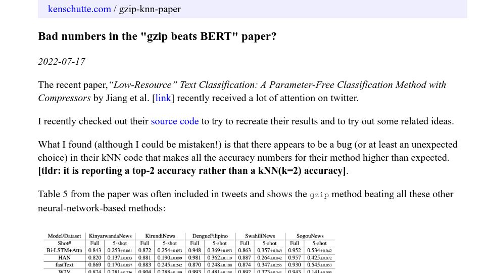 Screenshot of kenschutte.com: Bad numbers in the “gzip beats BERT” paper?