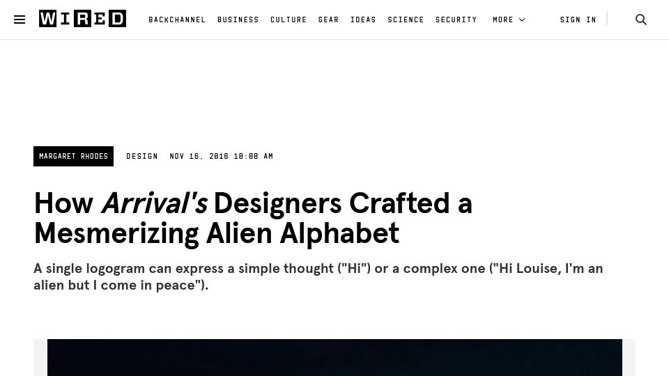 Screenshot of wired.com: Arrival's Designers Crafted a Mesmerizing Alien Alphabet (2016)