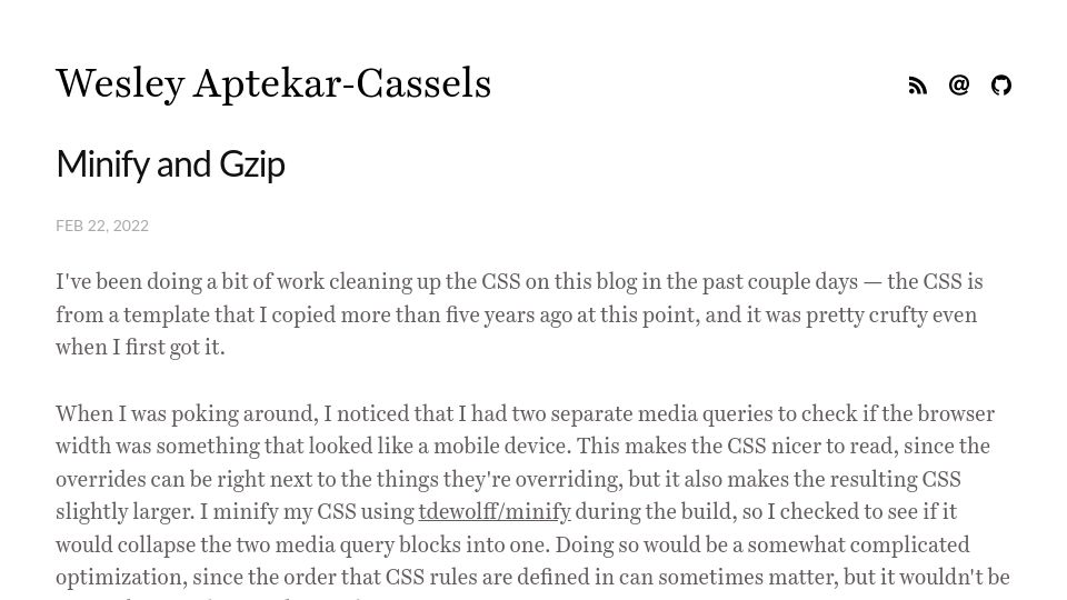 Screenshot of blog.wesleyac.com: Minify and Gzip (2022)