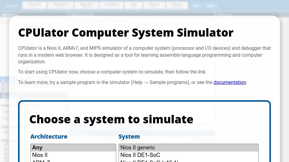 Screenshot of cpulator.01xz.net: CPUlator Computer System Simulator