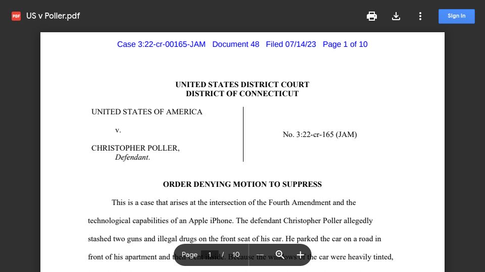 Screenshot of drive.google.com: US vs. Poller: Ruling says police can use iPhones to circumvent tinted windows