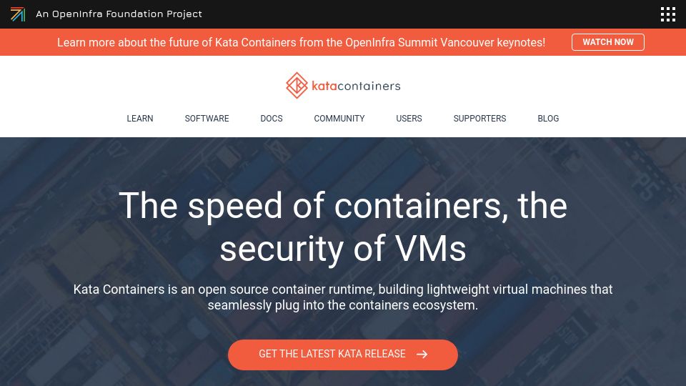 Screenshot of katacontainers.io: Kata Containers: Virtual Machines that feel and perform like containers