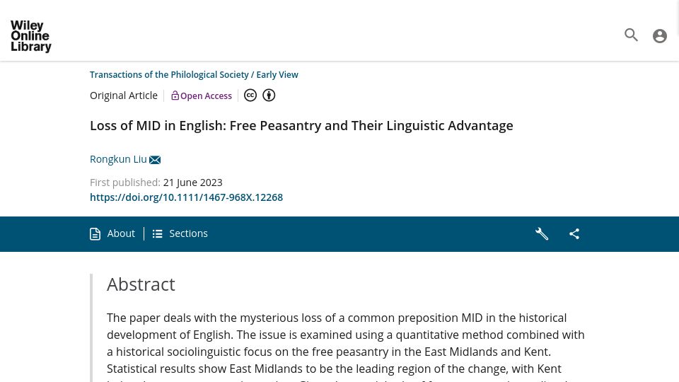 Screenshot of onlinelibrary.wiley.com: Loss of Mid in English: Free Peasantry and Their Linguistic Advantage