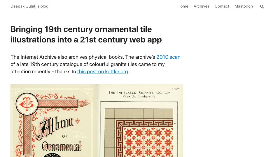 Screenshot of deepakg.com: Bringing 19th century ornamental tile illustrations into a 21st century web app
