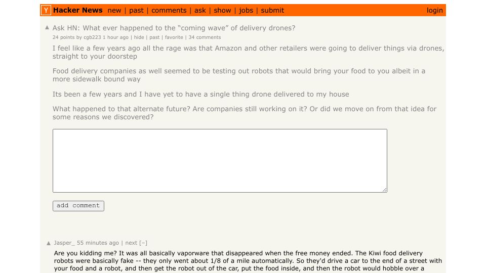 Screenshot of Hacker News post: Ask HN: Whatever happened to the “coming wave” of delivery drones?