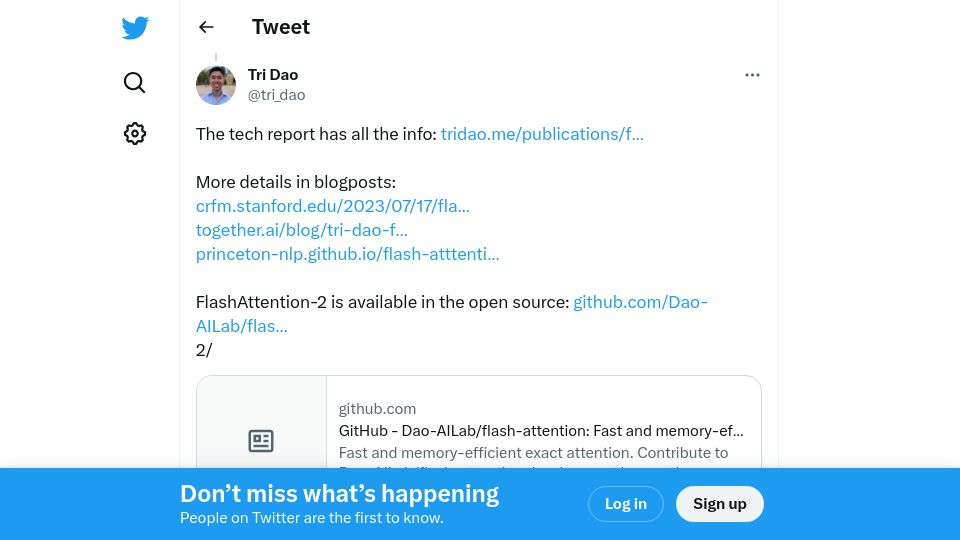 Screenshot of twitter.com: FlashAttention-2, 2x faster than FlashAttention
