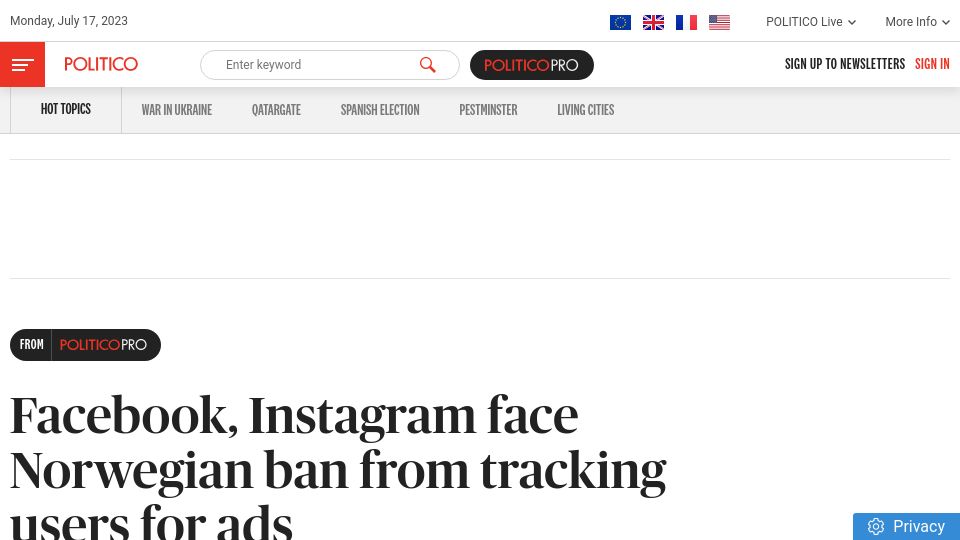 Screenshot of politico.eu: Facebook, Instagram face Norwegian ban from tracking users for ads
