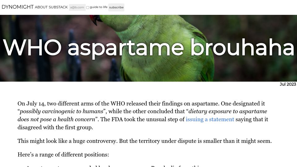 Screenshot of dynomight.net: WHO aspartame brouhaha