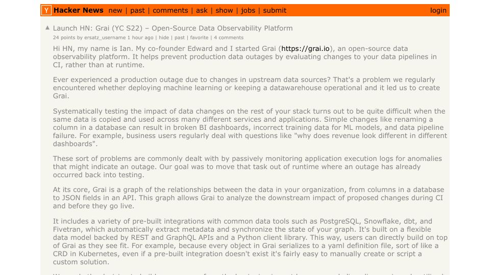Screenshot of Hacker News post: Launch HN: Grai (YC S22) – Open-Source Data Observability Platform