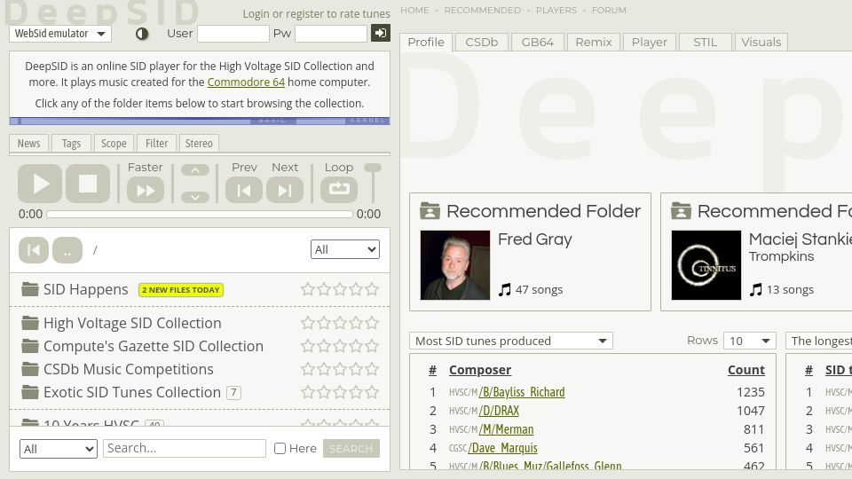 Screenshot of deepsid.chordian.net: DeepSID: Online Commodore 64 SID Player