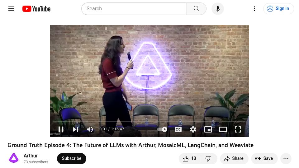 Screenshot of youtube.com: The Future of LLMs with Arthur, MosaicML, LangChain, and Weaviate [video]