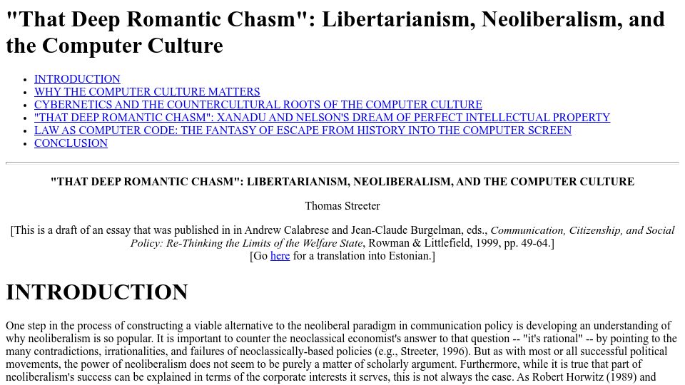 Screenshot of uvm.edu: “That Deep Romantic Chasm”: Libertarianism, Neoliberalism, & Computer Culture