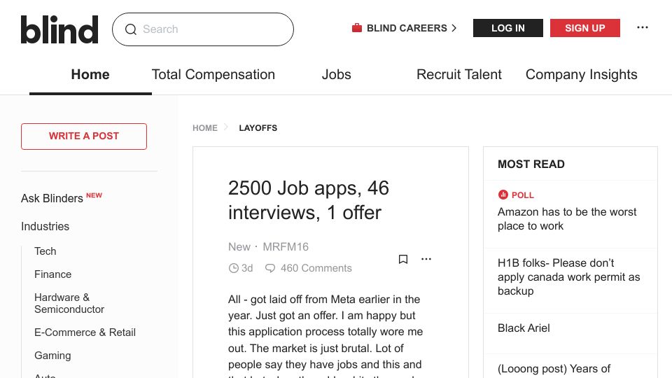 Screenshot of teamblind.com: 2500 Job apps, 46 interviews, 1 offer