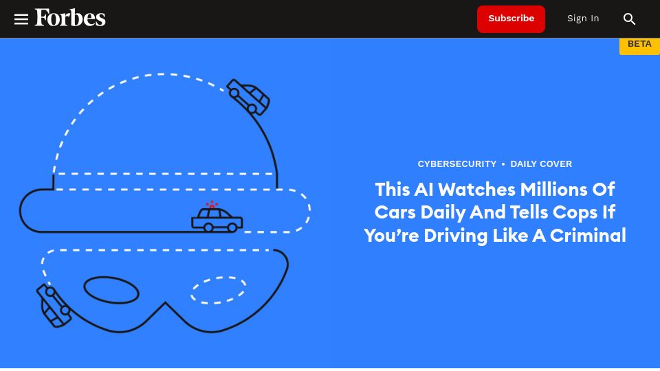 Screenshot of forbes.com: AI watches millions of cars and tells cops if you’re driving like a criminal