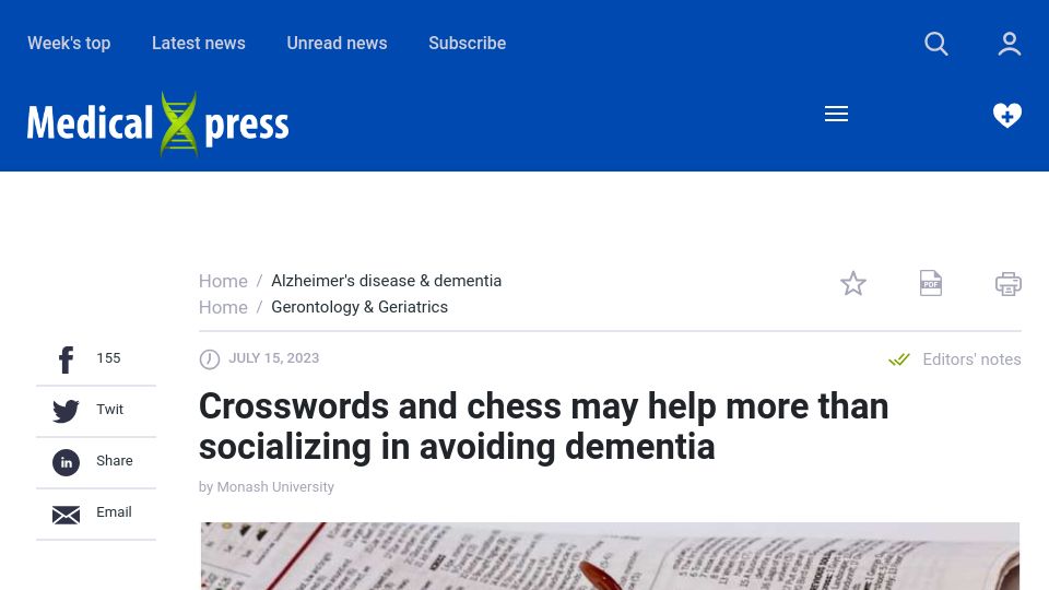Screenshot of medicalxpress.com: Crosswords and chess may help more than socializing in avoiding dementia