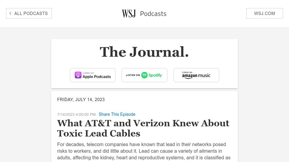 Screenshot of wsj.com: What AT&T and Verizon knew about toxic lead cables for decades