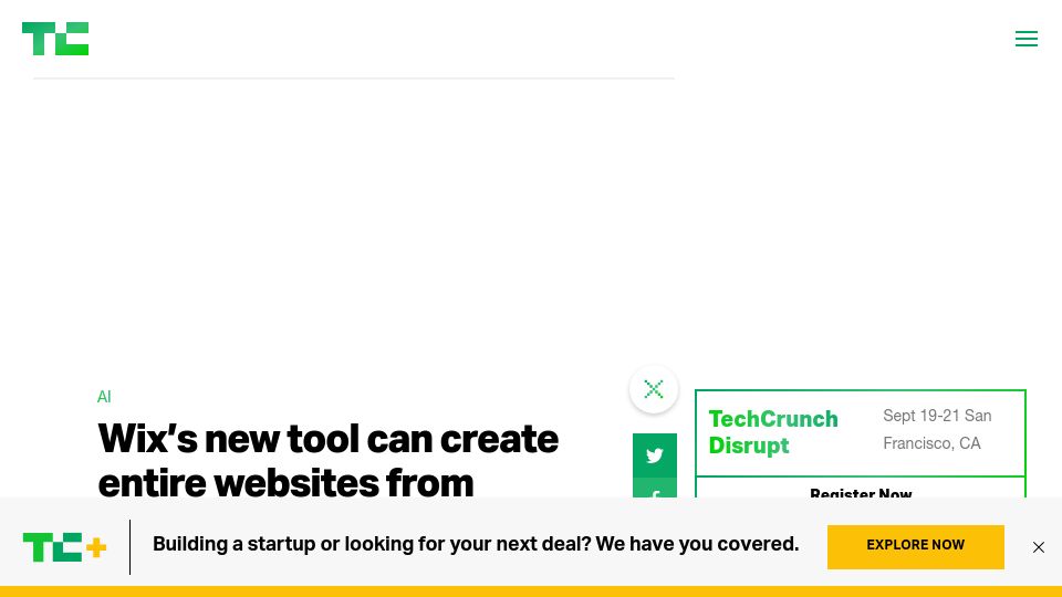 Screenshot of techcrunch.com: Wix’s new tool can create entire websites from prompts