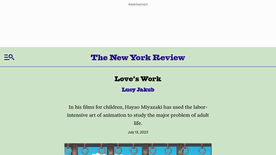 Screenshot of nybooks.com: Miyazaki has used the art of animation to study the major problem of adult life