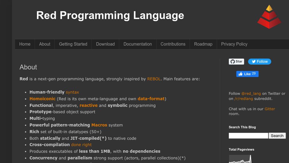 Screenshot of red-lang.org: Red Programming Language
