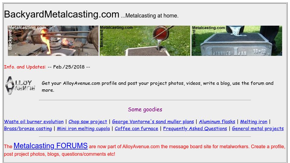 Screenshot of backyardmetalcasting.com: Backyard Metalcasting (2018)